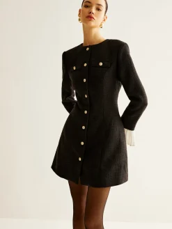 COMMENSE Pleated-Cuff Tweed Breasted Dress* Black Dresses|Casual Dresses