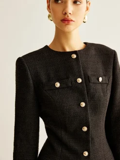 COMMENSE Pleated-Cuff Tweed Breasted Dress* Black Dresses|Casual Dresses