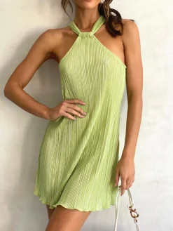 COMMENSE Plisse Halter Short Dress* Casual Dresses|Vacation Dresses
