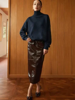 COMMENSE Pocket Split Faux Leather Skirt* Skirts|Bottoms