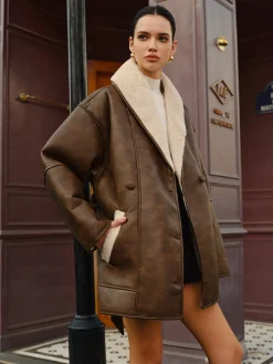 COMMENSE Pockets Belted Faux Leather Fleece Jacket* Outerwear|Jackets