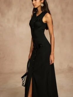 COMMENSE Pointelle Split Button Sweater Dress* Black Dresses|Sweater Dresses