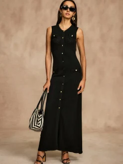 COMMENSE Pointelle Split Button Sweater Dress* Black Dresses|Sweater Dresses