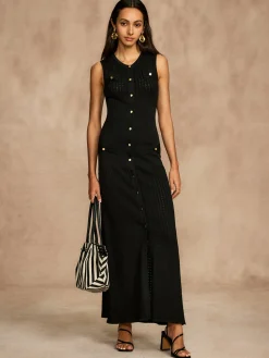 COMMENSE Pointelle Split Button Sweater Dress* Black Dresses|Sweater Dresses