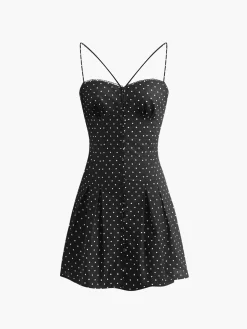 COMMENSE Polka Dot Knotted Back Cami Short Dress* Black Dresses|Vacation Dresses