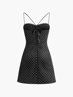 COMMENSE Polka Dot Knotted Back Cami Short Dress* Black Dresses|Vacation Dresses