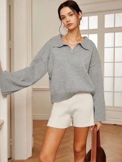 COMMENSE Polo Collar Pullover Knit Top* Sweater Tops|Sweaters & Cardigans