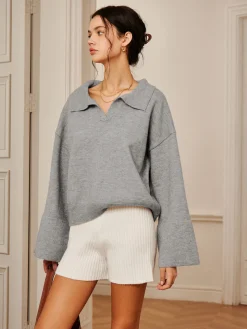 COMMENSE Polo Collar Pullover Knit Top* Sweater Tops|Sweaters & Cardigans