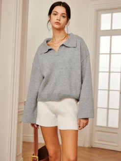 COMMENSE Polo Collar Pullover Knit Top* Sweater Tops|Sweaters & Cardigans