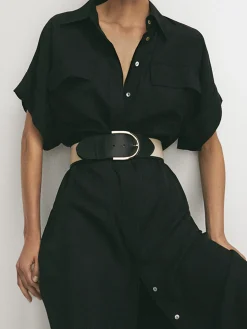 COMMENSE Polo Pockets Tied Midi Dress* Black Dresses|Casual Dresses