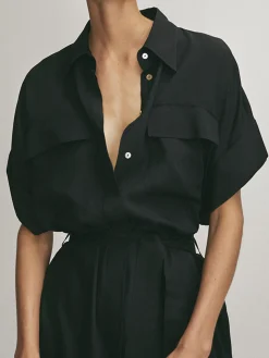 COMMENSE Polo Pockets Tied Midi Dress* Black Dresses|Casual Dresses
