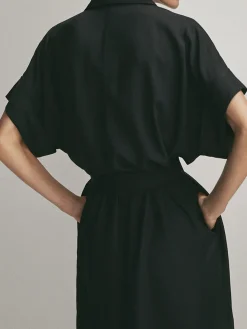 COMMENSE Polo Pockets Tied Midi Dress* Black Dresses|Casual Dresses