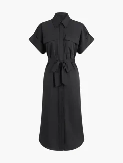 COMMENSE Polo Pockets Tied Midi Dress* Black Dresses|Casual Dresses