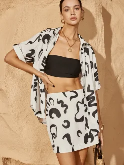 COMMENSE Print Button Pockets Skirt Set* Skirt Sets|Long Sleeve Sets