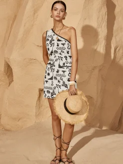 COMMENSE Print Contrast Trim Asymmetrical Dress* White Dresses|Casual Dresses