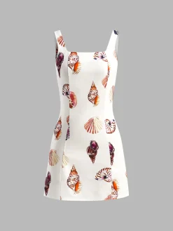 COMMENSE Print Cutout Square Neck Short Dress* White Dresses|Casual Dresses