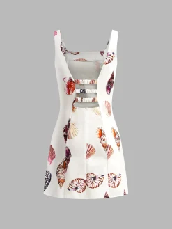 COMMENSE Print Cutout Square Neck Short Dress* White Dresses|Casual Dresses