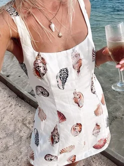 COMMENSE Print Cutout Square Neck Short Dress* White Dresses|Casual Dresses