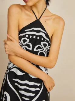 COMMENSE Print Halter Backless Long Dress* Black Dresses|Vacation Dresses