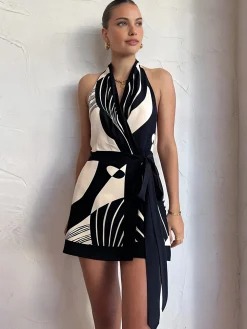 COMMENSE Print Halter Belted Short Dress* White Dresses|Casual Dresses