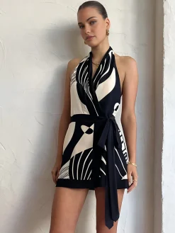 COMMENSE Print Halter Belted Short Dress* White Dresses|Casual Dresses