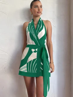 COMMENSE Print Halter Belted Short Dress* White Dresses|Casual Dresses