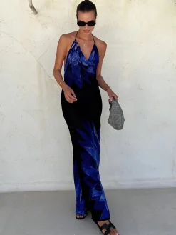COMMENSE Print Low Cut Halter Backless Long Dress* Casual Dresses|Cocktail & Party Dresses