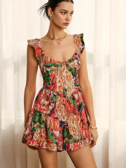 COMMENSE Print Low Cut Ruffle Short Dress* Casual Dresses|Cocktail & Party Dresses
