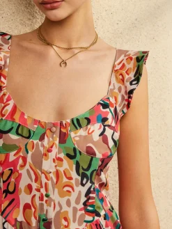 COMMENSE Print Low Cut Ruffle Short Dress* Casual Dresses|Cocktail & Party Dresses