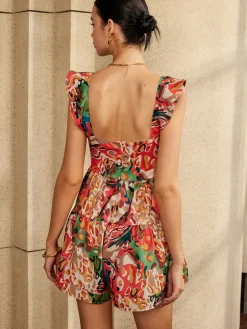 COMMENSE Print Low Cut Ruffle Short Dress* Casual Dresses|Cocktail & Party Dresses