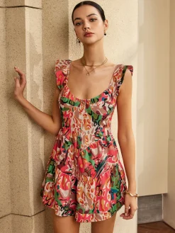COMMENSE Print Low Cut Ruffle Short Dress* Casual Dresses|Cocktail & Party Dresses