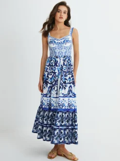 COMMENSE Print Strap Pleated Long Dress* Casual Dresses|Vacation Dresses