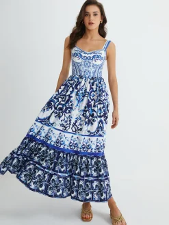 COMMENSE Print Strap Pleated Long Dress* Casual Dresses|Vacation Dresses