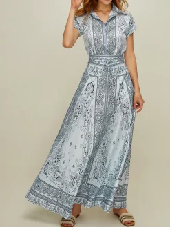 COMMENSE Print Turndown Collar Pockets Skirt Set* Skirt Sets|Long Sleeve Sets