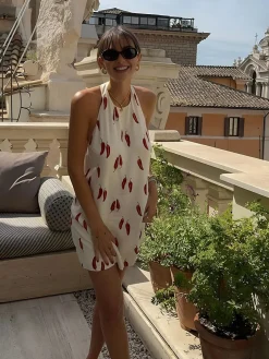 COMMENSE Printed Backless Short Dress* White Dresses|Casual Dresses