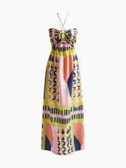 COMMENSE Printed Cutout Lace Up Pleated Dress* Casual Dresses|Cocktail & Party Dresses