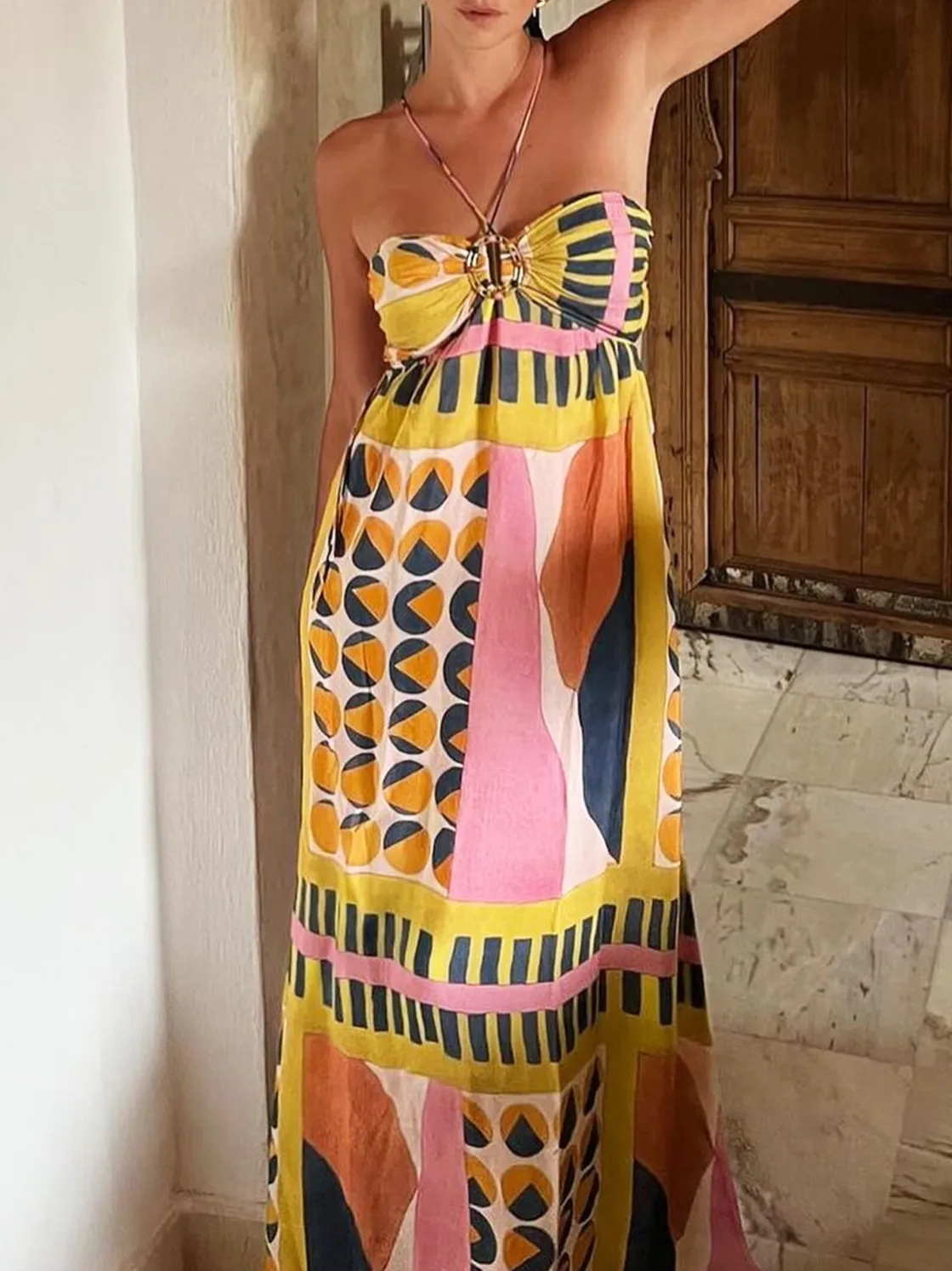 COMMENSE Printed Cutout Lace Up Pleated Dress* Casual Dresses|Cocktail & Party Dresses