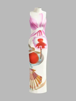 COMMENSE Printed Mock Neck Split Dress* White Dresses|Casual Dresses