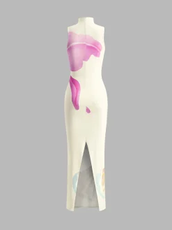 COMMENSE Printed Mock Neck Split Dress* White Dresses|Casual Dresses