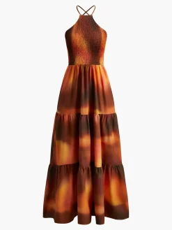 COMMENSE Printed Shirred Long Dress* Vacation Dresses|Summer Dresses