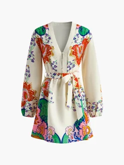 COMMENSE Printed V-Neck Lantern Sleeves Short Dress* Dresses