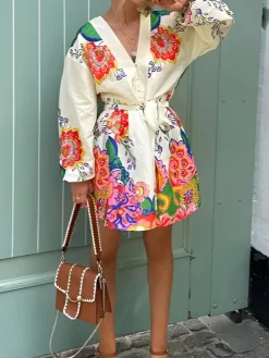COMMENSE Printed V-Neck Lantern Sleeves Short Dress* Dresses