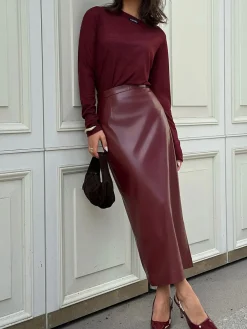 COMMENSE PU Leather Slit Skirt* Skirts|Bottoms
