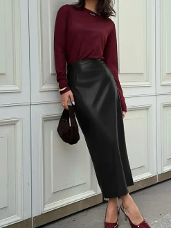 COMMENSE PU Leather Slit Skirt* Skirts|Bottoms