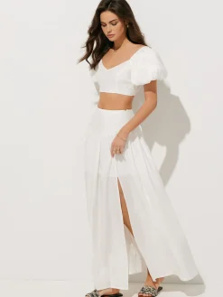 COMMENSE Puff Sleeve Crop Top With Split Thigh Skirt Set* Skirt Sets|Long Sleeve Sets