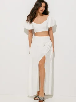COMMENSE Puff Sleeve Crop Top With Split Thigh Skirt Set* Skirt Sets|Long Sleeve Sets