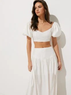 COMMENSE Puff Sleeve Crop Top With Split Thigh Skirt Set* Skirt Sets|Long Sleeve Sets