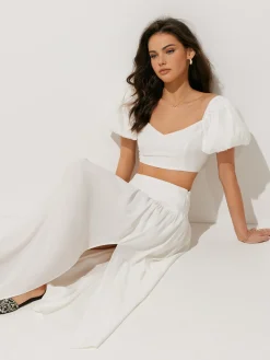 COMMENSE Puff Sleeve Crop Top With Split Thigh Skirt Set* Skirt Sets|Long Sleeve Sets