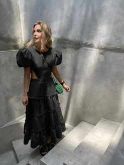 COMMENSE Puff Sleeve Cutout Long Dress* Black Dresses|Casual Dresses