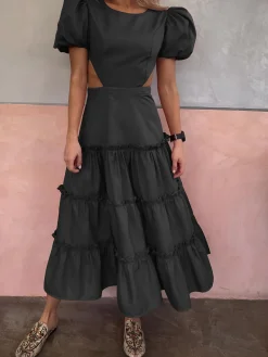 COMMENSE Puff Sleeve Cutout Long Dress* Black Dresses|Casual Dresses